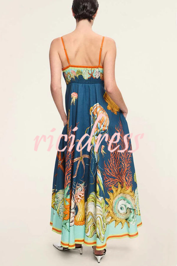 Linen Blend Unique Print Suspenders Back Pleated Pocket Resort Style Maxi Dress