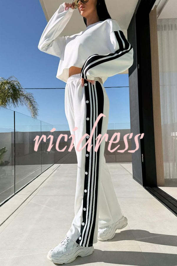 Sporty Chic Striped Patchwork Sweatshirt and Elastic Waist Side Button Up Loose Pants Set