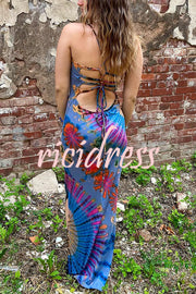 Tuscan Vibes Tie-dye Print Back Lace-up Slit Stretch Maxi Dress
