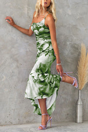 Deja Mesh Overlay Floral Print One Shoulder Ruched Stretch Maxi Dress