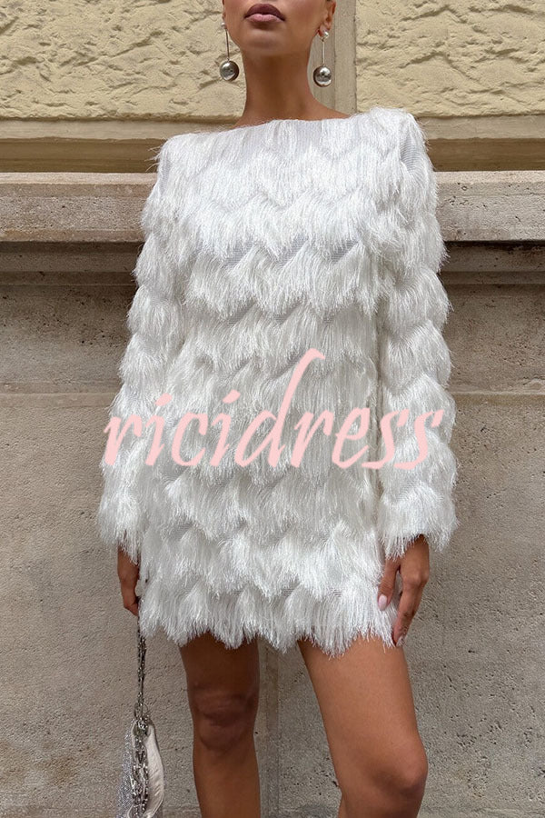 Swaying in The Wind Layered Tassels Wide Neck Long Sleeve H-line Mini Dress