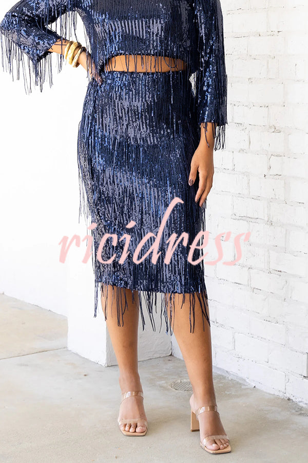 Insight Blueberry Sequin Fringe High Rise Elastic Waistband Midi Skirt