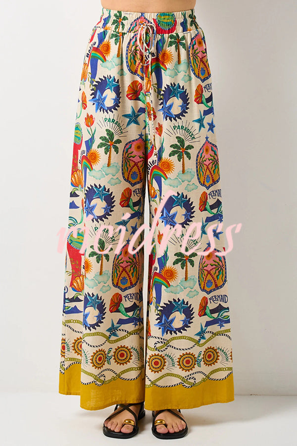 Linen Blend Unique Print Loose Short Sleeve Shirt and Elastic Waist Tie Pocket Pants Set