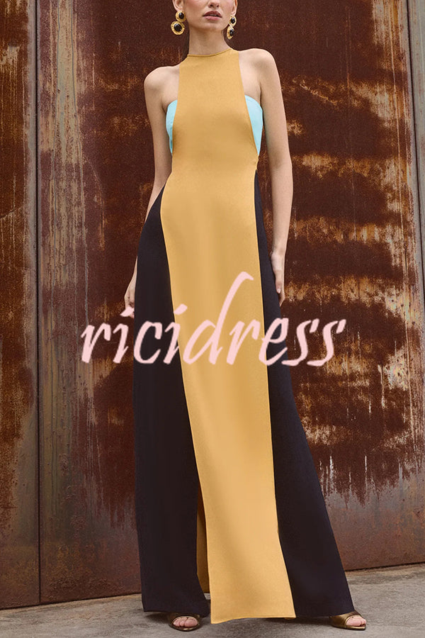 Fashionable Contrast Color Stitching Sleeveless Slim Maxi Dress