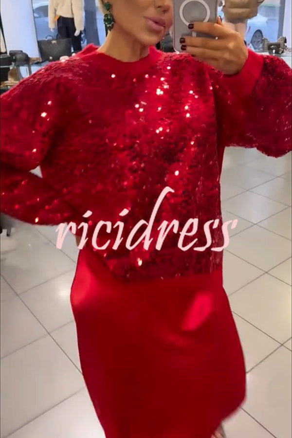 Celebration Day Sequin Patchwork Loose Sweatshirt and Satin Elastic Waist Maxi Skirt Set