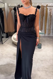 Sexy Grace Magic Lace Corset Bow Design Ruched Hip Slit Maxi Dress