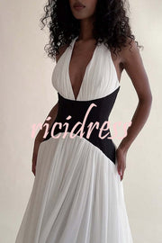 Fashionable Color Matching Sexy Halter Neck Waist Maxi Dress