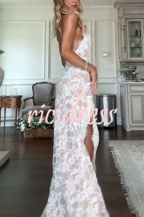 Cheongsam Style Lace Mandarin Halter Neck Backless Slit Maxi Dress