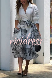 Jiles Linen Blend Unique Contrast Print Long Sleeve Tie-up Pocket Shirt Midi Dress