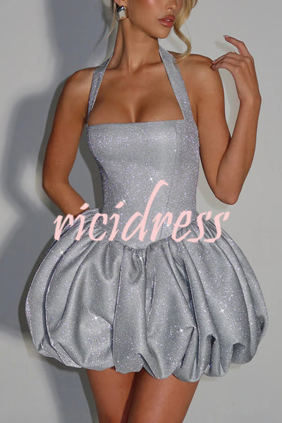 Araminta Glitter Fabric Square Halter Tie Neck Back Lace-up Fluffy Bubble Mini Dress