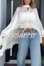 Flowy See-through Ruffle Tie-up Neck Bell Sleeve High-low Hem Cape Shirt