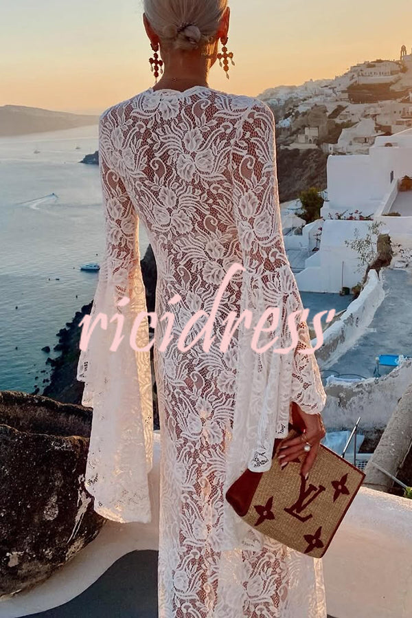 Dream Love Floral Lace Bell Sleeve V-neck Slit Maxi Dress