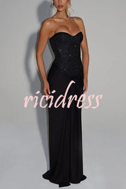 Carina Sequined and Satin Jersey Off Shoulder Ruched Knot Drape Maxi Dress