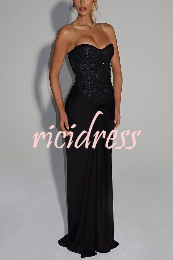 Carina Sequined and Satin Jersey Off Shoulder Ruched Knot Drape Maxi Dress
