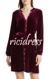 Solid Color Velvet Long-sleeved V-neck Lace-up Mini Dress