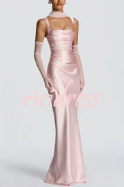 Calanthe Satin Square Neck Ruched Back Lace-up Drape Mesh Scarf Maxi Dress