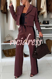 Fashion Lace Panel Long-sleeved Crop Top and Elastic Waist Tie Pocket Casual Pants Set