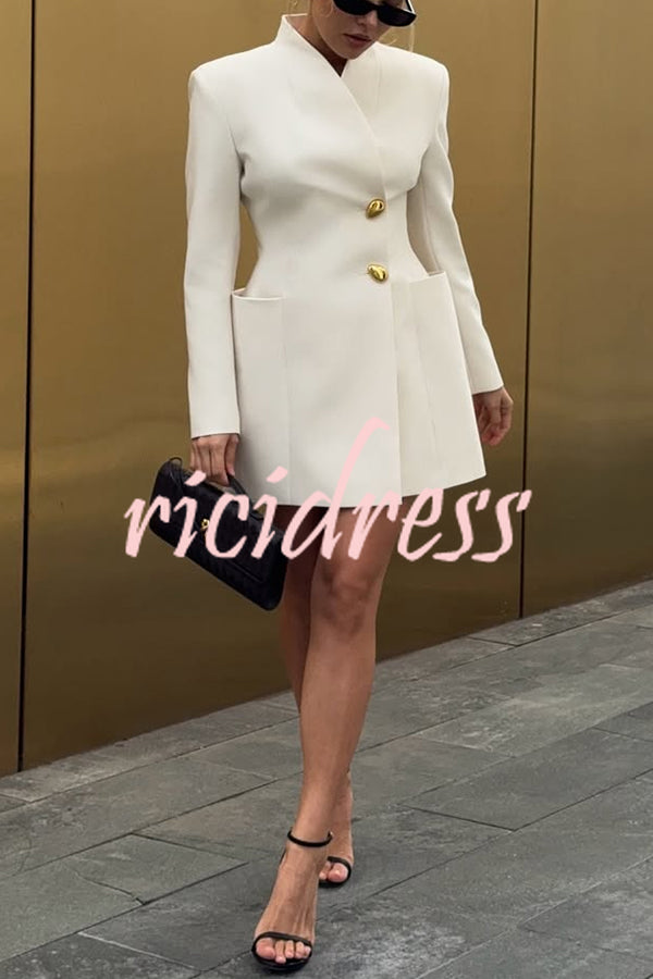 Kayleen Stand V-neck Decorative Metal Button Long Sleeve Pocket Blazer Mini Dress