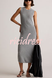 Soft and Warm Cashmere Ribbed Knit Sleeveless Midi Sweater Dress