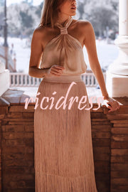Elegant Tassel Hem Elastic Waist Casual Maxi Skirt