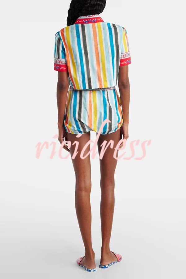 Rainbow Mood Unique Print Short Sleeve Crop Shirt and Elastic Waist Loose Bloomers Set