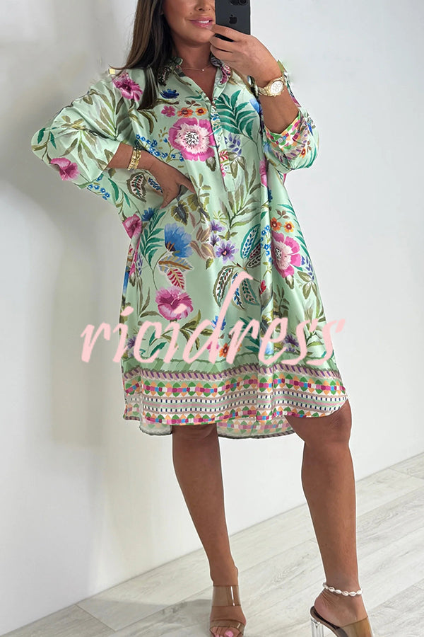 Floral Print Long Sleeve Lapel Loose Mini Dress