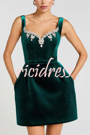 Blair Luxurious Velvet Jewel-encrusted Sweetheart Neck Pocket Tulip Stretch Mini Dress