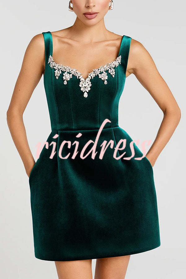 Blair Luxurious Velvet Jewel-encrusted Sweetheart Neck Pocket Tulip Stretch Mini Dress