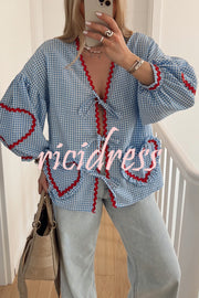 Lovely Plaid Heart Pattern Casual Lace-up Pocket Loose Shirt