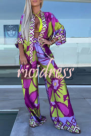 Cymbeline Satin Floral Print Belted Kimono Top and Elastic Waist Pants Set