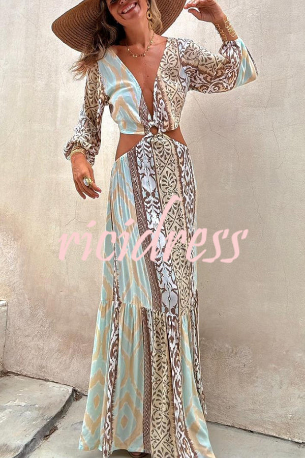 Sefora Unique Color Block Print Long Sleeve Ring Cutout Back Tie-up Maxi Dress