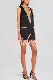 Elegant Demeanor Satin Gemstone Trim Deep V-Neck Tank H-line Mini Dress