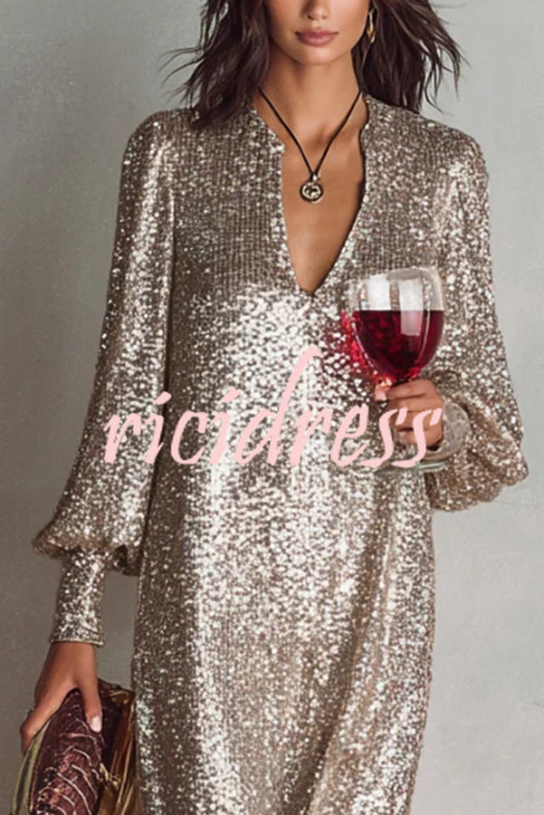Minimalist Sparkling Sequin V-neck Long Balloon Sleeve Slit Party Maxi Dress