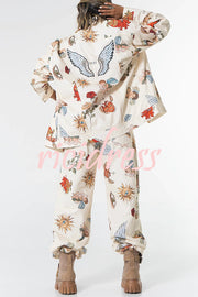 Angel Wings Denim Unique Print Mid Rise Pocket Loose Pants