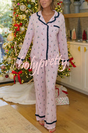 Postcards To Santa Unique Print Ruffles Trim Pocket Shirt and Elastic Waist Pajama Set