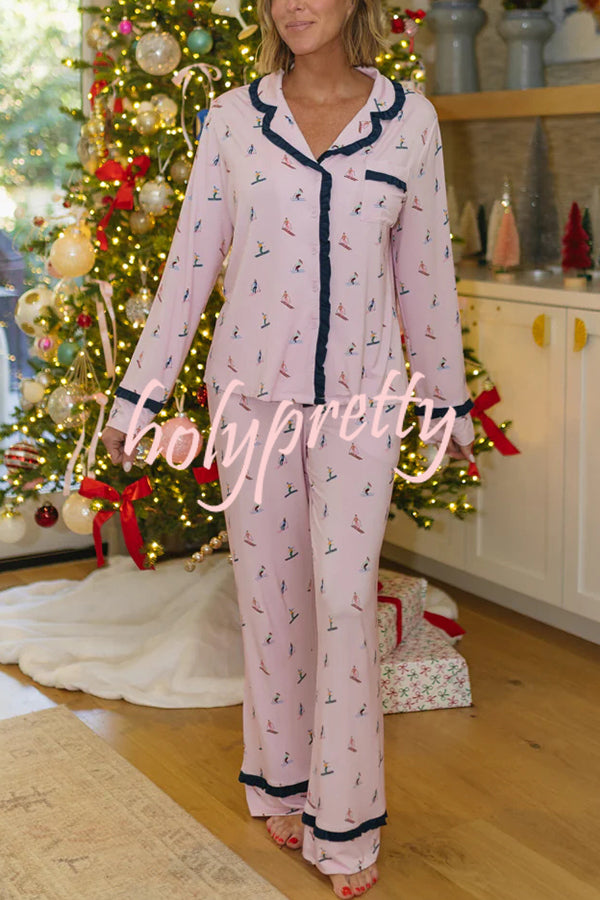Postcards To Santa Unique Print Ruffles Trim Pocket Shirt and Elastic Waist Pajama Set