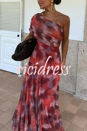Unique Printed Off-the-shoulder Waisted Holiday Maxi Dress