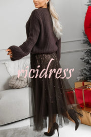 Party Daydream Sequin Tulle High Rise Elastic Waist Maxi Skirt