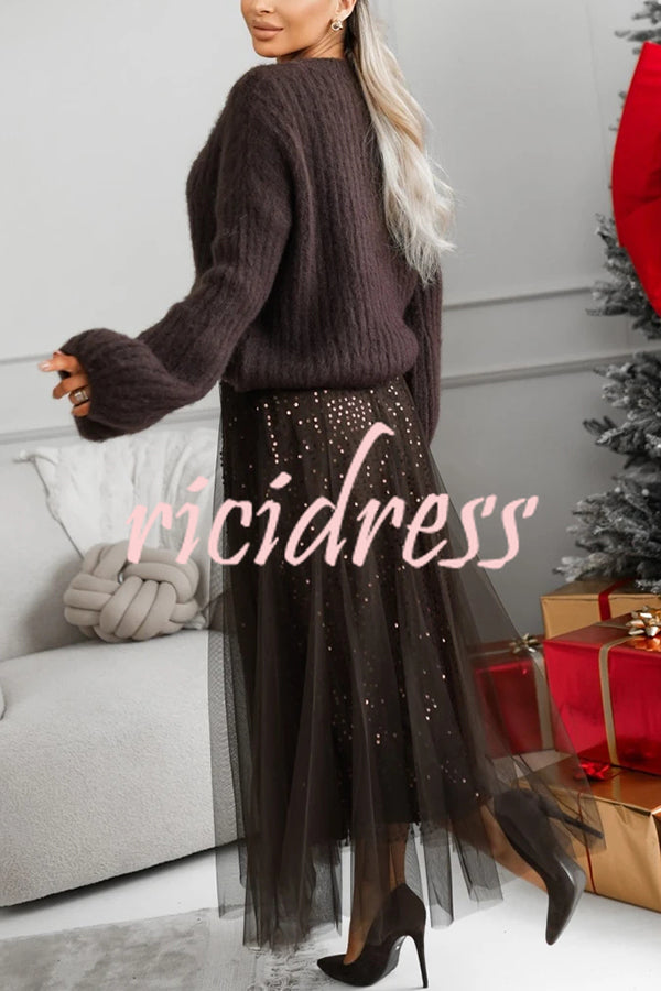 Party Daydream Sequin Tulle High Rise Elastic Waist Maxi Skirt