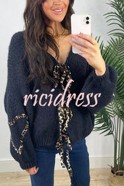 Fashionable Loose Long-sleeved Leopard Print Lace-up Knitted Sweater Cardigan