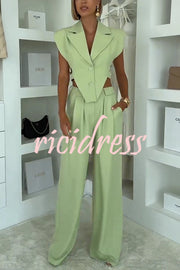 Fashion Style Lapel Waist-baring Irregular Vest and  Elastic Waist Pocket Loose Pants Set