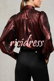 Ariella Metallic Satin Fabric Tie-up Bow Neck Long Sleeve Blouse
