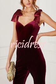 Merlot Sippin' Velvet Shoulder Tie Flare Stretch Jumpsuit