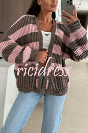 Fashionable Patchwork Striped Casual Pocket Knitted Sweater