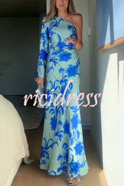 Satin Botanical Print One-Sleeve Resort Maxi Dress