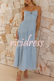 Solid Color Sleeveless Suspender Pleated Back Maxi Dress