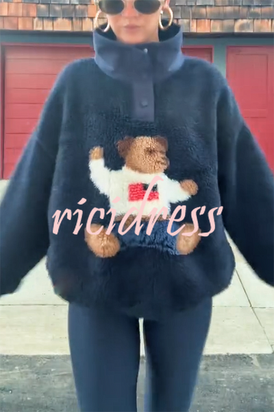 American Retro Polo Bear Pattern Stand Button Neck Long Sleeve Fleece Pullover