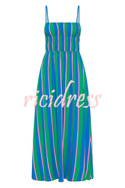 Gigi Linen Blend Stripe Elastic Bodice Pocket Loose Midi Dress