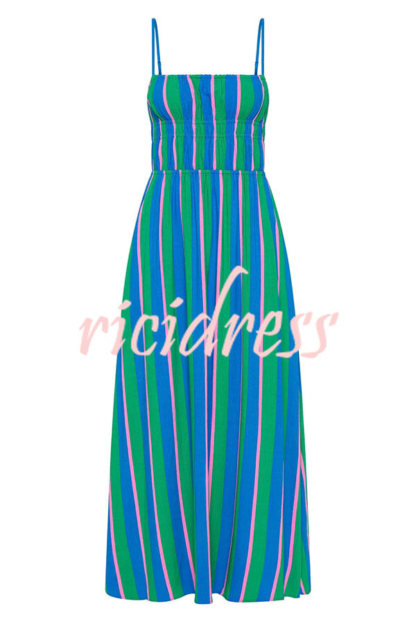 Gigi Linen Blend Stripe Elastic Bodice Pocket Loose Midi Dress