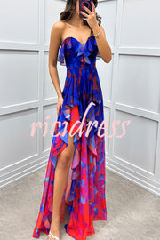 Loving Moment Gradient Unique Print Flowing Layered Ruffles Strapless Slit Maxi Dress